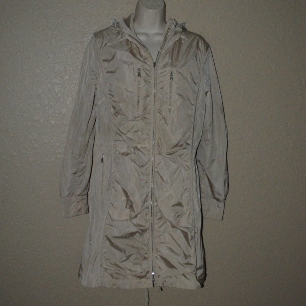 $690 Sz S Bogner Tan Long Hooded Lined Rain Coat Jacket